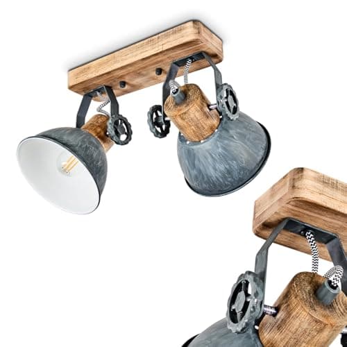 Image of Orny Ceiling lamp, 2-Flame, with Adjustable spotlights, Metal/Wood Ceiling lamp in Grey/White/Brown, 2 x E27 Socket, Retro/Vintage Design Spotlight, Bulbs not Included