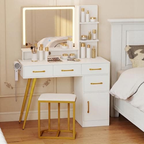Image of COSTWAY Dressing Table with LED Mirror and Stool, Makeup Table Vanity Desk Set with Power Outlets, 3 Lighting Modes, Storage Shelves, 4 Drawers, Side Cabinet & Hairdryer Rack for Bedroom, White+Gold