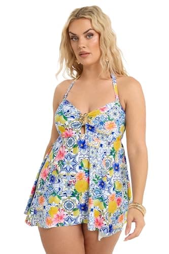 Image of Yours Curve Blue Mediterranean Tile Tankini Top - Women's - Plus Size Curve
