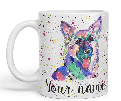 Image of Vixar Personalised with Your Text German Shepherd Dog Pet Animals Watercolour Art Coloured Ceramic Mug Cup Gift 330ml 11oz Custom Work Office Tea Coffee (White)
