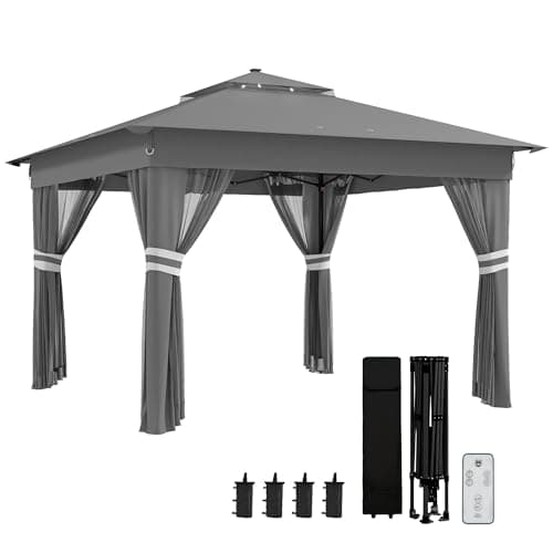 Image of Outsunny 3 x 3(m) Pop Up Gazebo with Sides, 20 Solar-Powered LED Lights, Netting, Roller Bag, 4 Weight Bags, Marquee Party Tent, Height Adjustable Instant Event Shelter, Grey