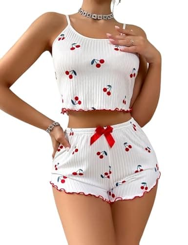 Image of Gatamiau Women’s 2 Pieces Heart Print Summer Pajama Set Scoop Neck Sleeveless Cami Tops + Shorts, Sexy Sleepwear PJ Set Soft Loungewear Nightwear (UK, Alpha, S, Regular, Regular, White-Cherry)