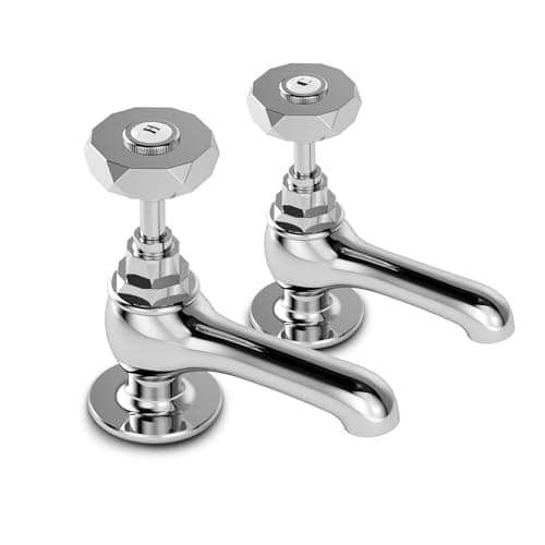 Image of VANCOCO Traditional Chrome Brass Basin Tap Pair 1/2", Victorian Style Hot and Cold Head Round Lever Bathroom Sink Taps, Polished Chrome Brass Pillar Toilet Sink Wash Faucet Set of 2