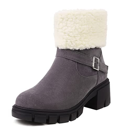 Image of LIPIJIXI Low Heel Winter Boots for Women Side Zipper Suede Buckle Warm Boots Chunky Heel Snow Boots Round Toe Faux Fur Snow Ankle Boots Grey size 42