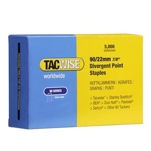 Image of Tacwise 0313 Type 90 / 22 mm Galvanised Narrow Crown Staples, Divergent Point, Pack of 5000