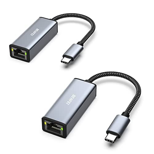 Image of BENFEI USB C to Ethernet Adapter 2 Pack, Type-C (Thunderbolt 3) to RJ45 Gigabit 1000 Mbps Ethernet Adapter Compatible for MacBook Pro 2019/2018/2017, MacBook Air and More[Aluminium Shell&Nylon Cable]