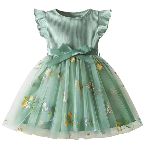 Image of JiAmy Girls' Dresses Flower Embroidery Knit Tulle Toddler Dresses Flying Sleeves Girls Party Dress for Kids 2-3 Years, Green Flower