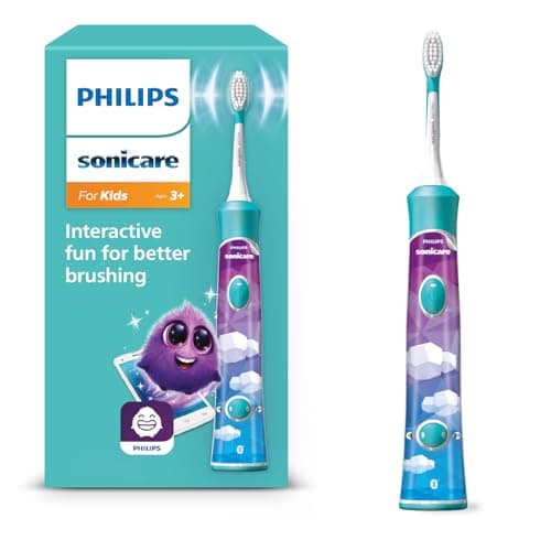 Image of Philips Sonicare for Kids, Sonic Electric Toothbrush with App, for Kids Aged 3+, with SmarTimer and QuadPacer for a Thorough Clean, Turquoise, Model HX6322/04