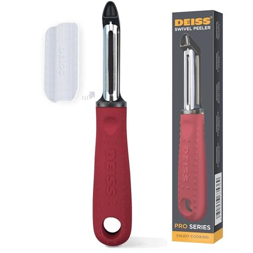 Image of Deiss PRO Swivel Vegetable Peeler - Sharp Stainless Steel Peeler with Easy Non-Slip Hand Grip, Potato Peelers for Kitchen, Fruit, Carrot, Apple, Veggie, Kiwi, Durable, and Dishwasher Safe (RED)