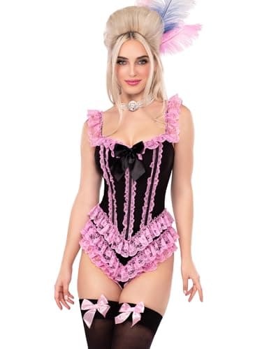 Image of Leg Avenue Boned Ruffle Bodysuit with Bow Accent, Small, BLACK/PINK