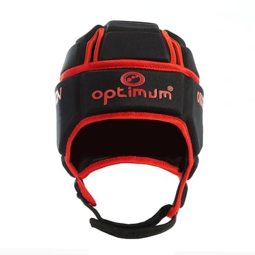 Image of Optimum Senior Origin Rugby and Football Headguard - Full Coverage Scrum Cap | Breathable, Soft-Edged, Lightweight Sports Protective Headgear Black/Red, Medium