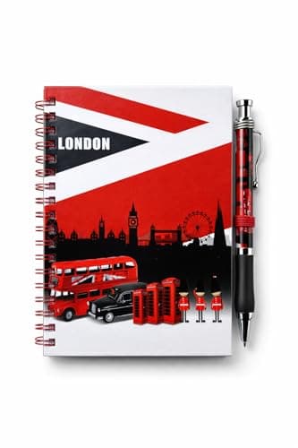 Image of Bells Box A6 Union Jack Notebook and Matching Pen - England London Souvenir Notepad - British Gift London Skyline Note book
