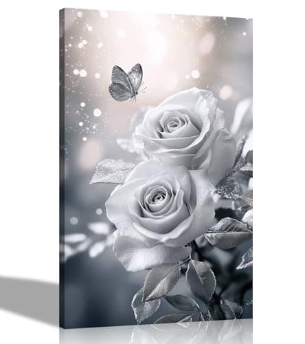 Image of Artley Prints - White Roses Silver butterfly Canvas Wall Art For Living Room, Bedroom, Hallway Prints Home Office Hanging 30 x 20cm (12 x 8 inches) A4