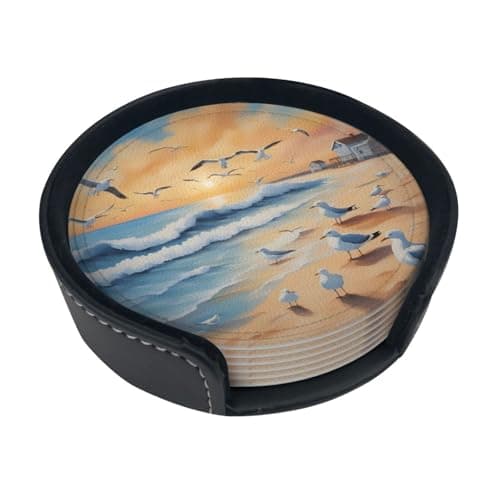 Image of airborne seagulls 6-piece coaster set with stand, for home décor, suitable for all kinds of cups and coffee mugs.