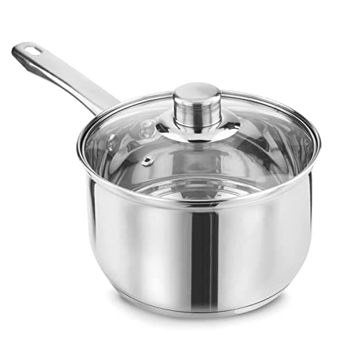 Image of LEWIS'S Induction Pouring Saucepan with Glass Lid - Mirror Polished Stainless Steel, Stay Cool Handles (20cm)