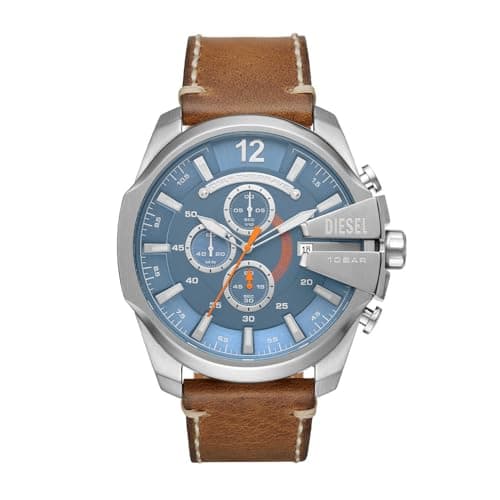 Image of Diesel Watch for Men Mega Chief, Quartz Chronograph Movement, 51 mm Silver Stainless Steel Case with a Leather Strap, DZ4458