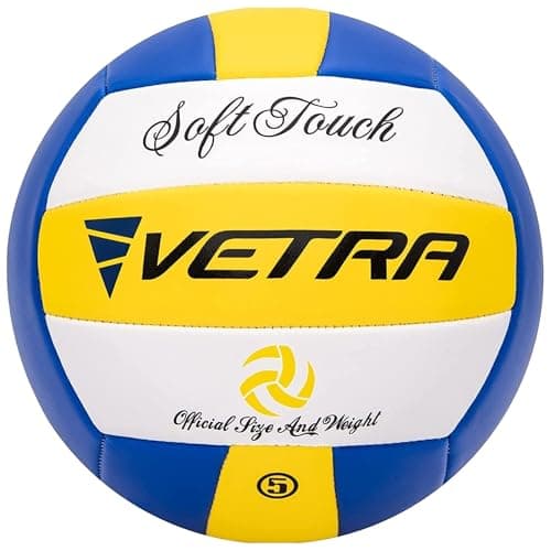 Image of VETRA Soft-Touch Volleyball - Official Size 5, Yellow/Blue/White - Durable PVC Cover & Stitching for Training - Soft-Touch Grip for Indoor Play - Easy Inflation for Beach Play