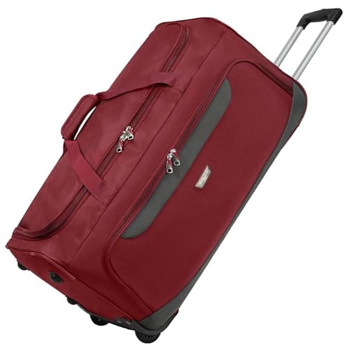 Image of Rocklands® Lightweight Wheeled Holdall Medium Duffle Trolley Suitcase Thick Heavy-Duty Cross Nylon EVA-Backed Front, Hard Base Travel Bag (Medium - 28" (H72xW37xD36 cm), Burgundy)