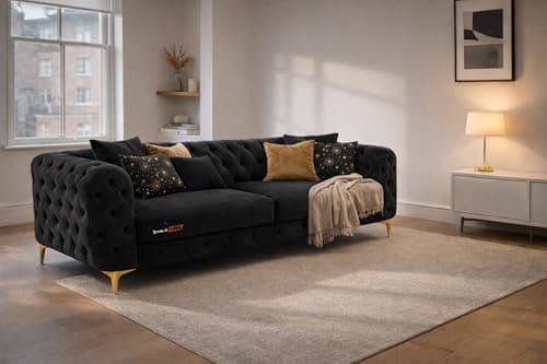 Image of Snooze Velvet Monaco 3 and 2 Seater Sofa Sets, Corner Sofas For Living Room, Upholstered Plush Fabric 3 Seater Sofas (Black Velvet, 3 Seater)