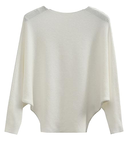 Image of FULIER Boat Neck Batwing Sleeves Dolman Knitted Sweaters and Pullovers Tops for Women One Size (White)