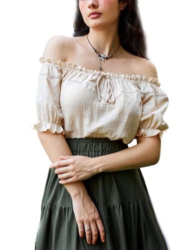 Image of SCARLET DARKNESS Women's Renaissance Shirt Off Shoulder Puff Sleeve Loose Fit Summer Tops, Apricot, M