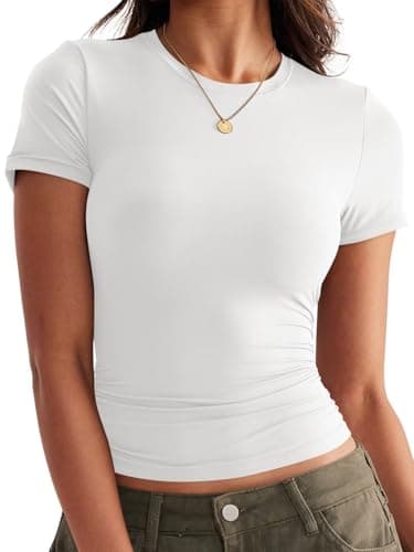 Image of Womens Double Lined Tops Crewneck Short Sleeve Tees Basic Slim Fit T Shirts Y2K Summer Clothes 2025, White, L