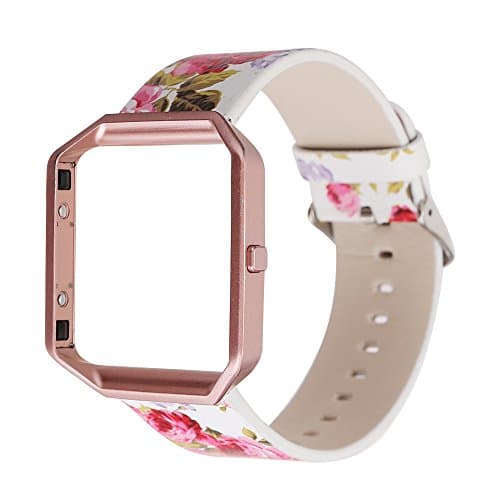 Image of Gimartuk Genuine Leather Watch Band Floral Wrist Strap Bracelet for Fitbit Blaze with Metal Steel Frame (Flower+Rose Gold Frame)