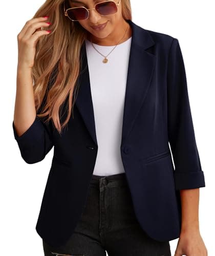 Image of GRECERELLE Womens Blazers Casual 3/4 Sleeves Jackets Suiting & Blazers Notched Lapel Solid Elegant Coat Work Office Formal Top Outerwear with Pockets Buttons for Women UK (A04 Navy, 12)