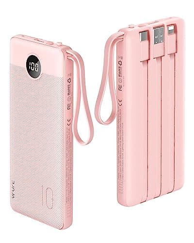 Image of VRURC Power Bank with 4 Cables, 10000 mAh Power Bank, Portable Charger, USB C External Mobile Phone Batteries, LED Display with 5 Outputs, 2 Inputs, Compatible with iPhone/Huawei/Samsung Smartphone