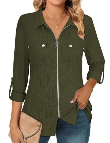 Image of Flikity 3/4 Sleeve Shirts for Women Plus Size Ladies Tops and Blouses Elegant V Neck Zipper Collared Work Business Casual Office Shirts Lightweight Spring Fall Outer Wear Army Green XXL