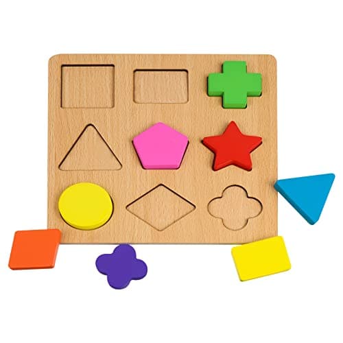 Image of Pinenuts Kids Toys Wooden Shape Sorter Toy for 1-3 Years Old Boys Girls, Color Recognition Puzzles Toys 9 Blocks, 1 Refillable Plank, Toddler Educational Toy