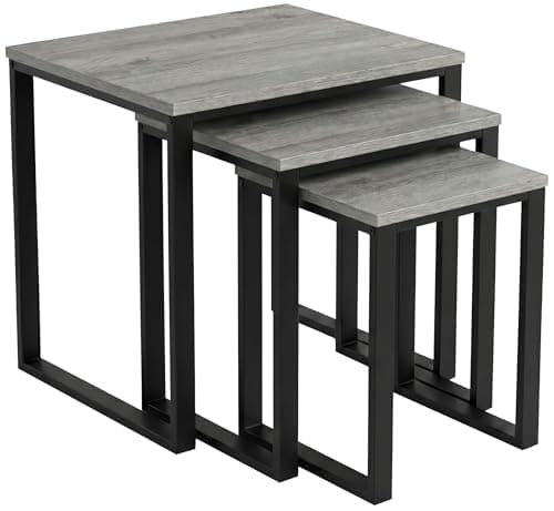 Image of Blisswood Nest of 3 Occasional Tables for Living Room, Industrial Nesting Coffee Table Set of 3 with Metal Frame, Stacking Side Tables, Space Saving Lamp Stand for Bedroom Small Spaces, Wooden Grey
