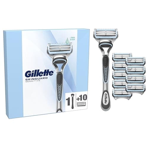 Image of Gillette SkinGuard Sensitive Razor for Men, 1 Men's Razor Handle with 10 Blade Refills, Gentle Shave for Sensitive Skin, Reduces Irritation and Bumps