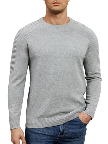 Image of Aunribor Men's Crew Neck Raglan Long Sleeve Jumper Solid Colour Thermal Knit Pullover Shoulder Ribbing Detail 100% Cotton Classic Knitwear Autumn Winter Grey