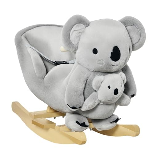 Image of HOMCOM Kids Toddler Rocking Horse Plush Ride On Koala Rocker Wooden Base Seat Safety Belt w/Gloved Doll Toy for 18-36 Months Grey
