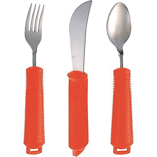 Image of Aidapt Bendable Cutlery Set with a Knife, fork, Spoon and 3x Utensil Straps. Soft grip eating aid, Bend to any angle, Reduce Wrist stress, ideal for those with Arthritis, Limited Grip and Arm Movement