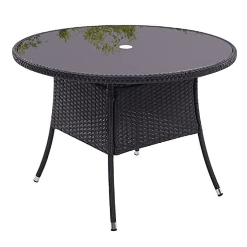 Image of Warmiehomy Rattan Garden Table Dining Tempered Glass Patio Table Top Coffee Table Outdoor Bistro Table with Umbrella Hole(Black,Round Table with Hole)