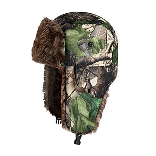 Image of TINAYAUE Winter Trapper Hunting Hat with Ear Flaps Fallen Leaf Camo Cap Faux Fur Ushanka Russian Warm Unisex Windproof Hunter's Trooper Bomber for Hunting, Skiing, Hiking, Green, One Size