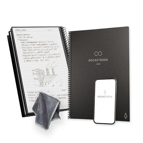 Image of Rocketbook Core Reusable Spiral Notebook, Letter Size 21 cm x 29.7 cm, Black - Lined Pages, App-Connected, Erasable, Durable Cover, Ideal for School, Work, and Creative Projects