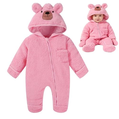 Image of ChYoung Baby Snowsuit Onesie Newborn Baby Girl Boy Clothes Bear Hooded Footed Fleece Romper Fall Winter Outfits (Pink, 0-3 Months)