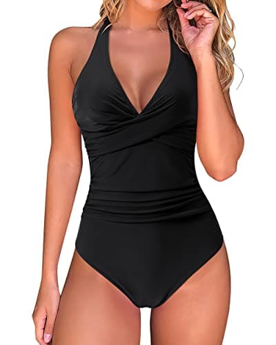 Image of DOULAFASS Swimming Costume Women Tummy Control Push Up Swimsuit Halter V Neck Padded One Piece