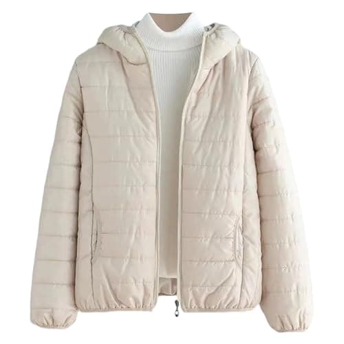 Image of Women’s Packable Lightweight Puffer Jacket Hooded Water Resistant Quilted Padded Warm Winter Coat with Pockets Beige Medium