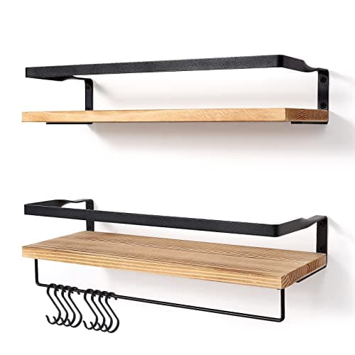 Image of AGM Floating Shelves Wall Mounted Shelf, Wooden Wall Shelves Racking Set of 2 for Bedroom, Bathroom, Living Room, Kitchen Storage w/ 1 Towel Bar and 8 S Hooks, Max Load 33lbs