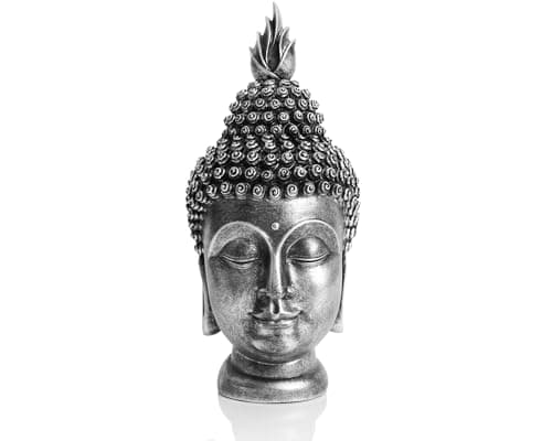 Image of AMOIENSIS Buddha Head Statue Antique Silver for Zen Meditation Space, Spiritual Zen Buddha Head Figurine, Resin Buddha Head Decoration Statues Buddhism Religious Statues Sculpture Decoration for Home