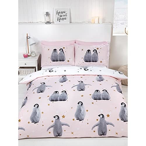 Image of Rapport Home Starry Penguin Double Duvet Cover Set | Reversible Polycotton Bedding with 2 Pillowcases | Cute Pink Design for Kids, Teens & Adults (200x200cm)