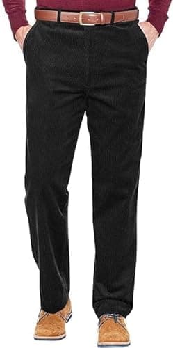 Image of Men’s Corduroy Trousers – Classic Straight Leg Flat Front Cotton Cord Pants – Smart Casual Business Office Work Formal Wear Comfortable Durable Corduroy Bottoms Black 44/31