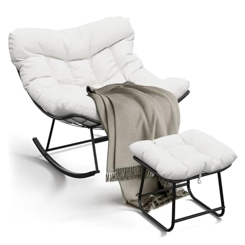 Image of CuteHairy Oversized Outdoor Wicker Rocking Chair with Footstool – Patio Egg Chair with Thick Removable Cushion & Metal Frame, Comfy Rocking Lounge Seat for Balcony, Yard, Porch & Living Room, White