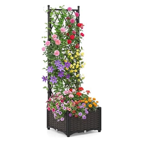 Image of COSTWAY Garden Planter with Trellis, Weather-Resistant Trough Grow Box with Self-Watering Device and Drainage Holes, Indoor Outdoor Raised Garden Bed for Climbing Vine Plant (40 x 40 x 126 cm)