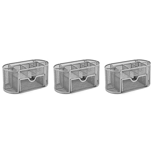 Image of OSCO Wire-Mesh Desk Organiser with Drawer – 8 Compartment Metal Mesh Desk Tidy & Office Storage Pen Holder for Home, Office, Study, Rulers, Scissors, Smartphone – 3 Pack, Silver