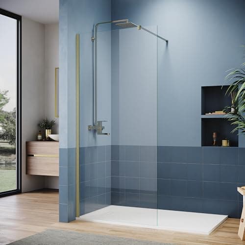 Image of ZANOFIRA 900mm Gold Walk in Shower Screen 8mm Toughened Safety Glass with Easy Clean Nano Coating Wet Room Shower Panel with Aluminium Profile & Support Bar Reversibl